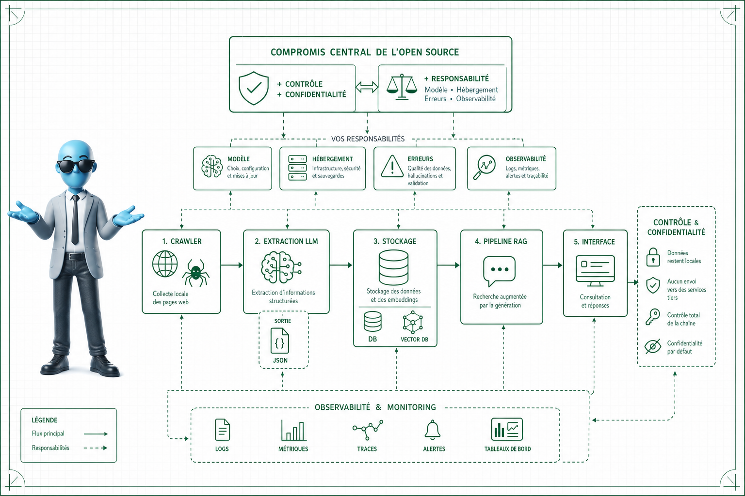 Architecture d'un crawler open source relié à un LLM, une extraction JSON et un pipeline RAG