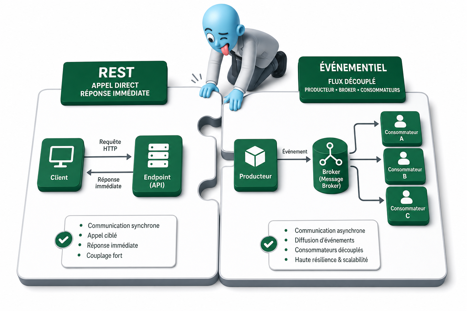 Comparaison entre un appel REST direct et un flux asynchrone avec producteur, broker et consommateurs