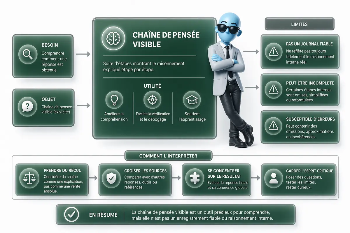 Diagramme montrant la différence entre chaîne de pensée visible et processus interne non vérifié d’un modèle d’IA