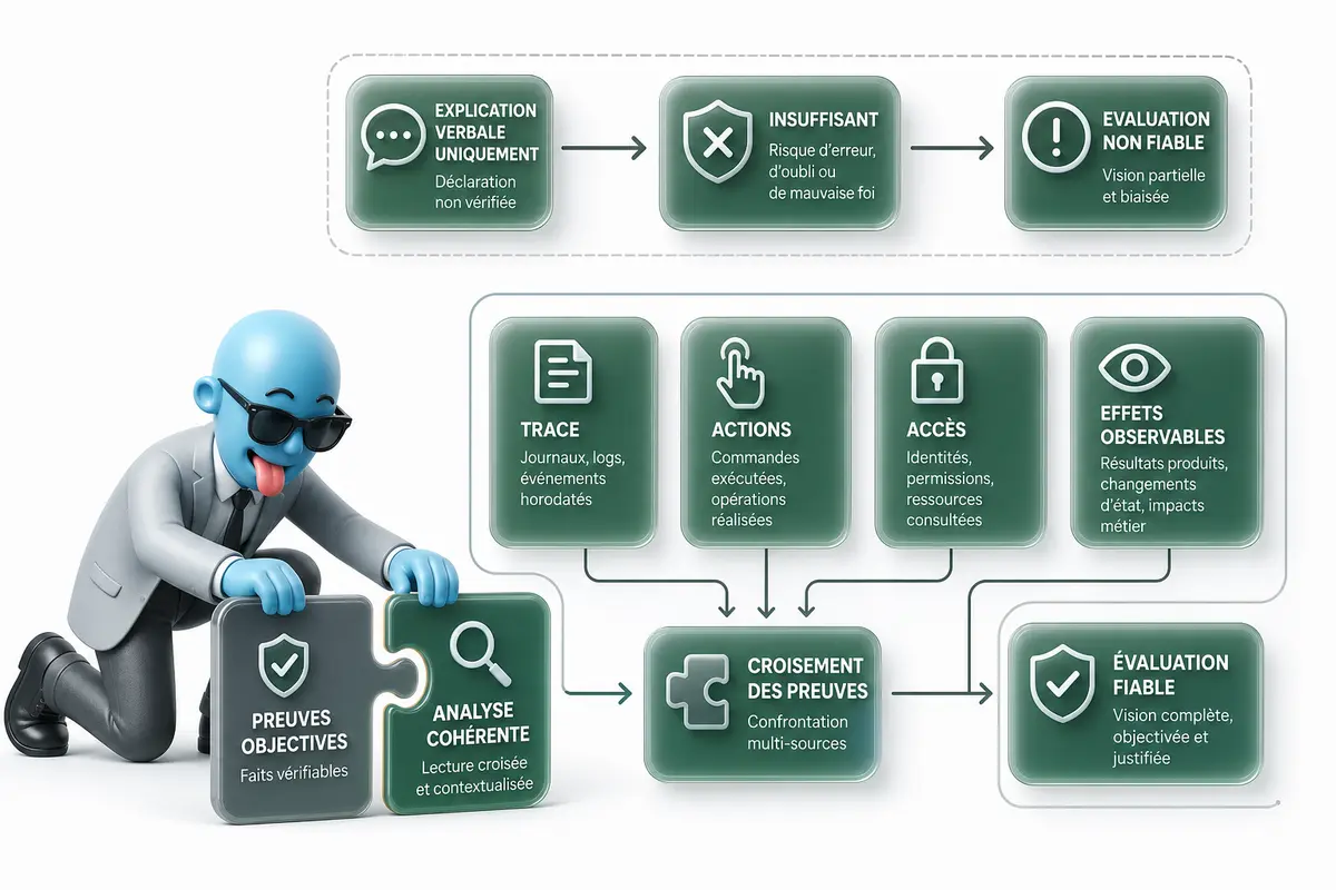 Diagramme de supervision d’un modèle d’IA croisant raisonnement visible, actions, accès et effets pour le confinement