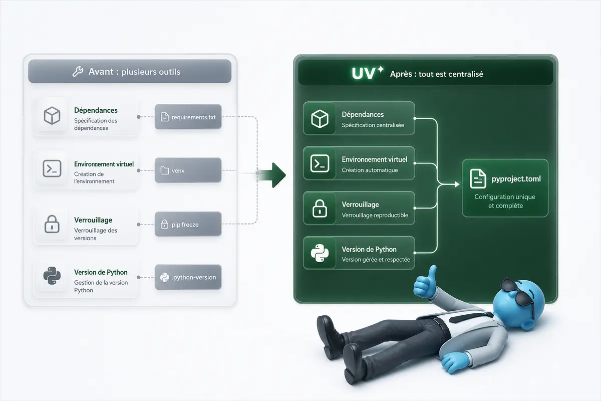 Schéma montrant uv centralisant les dépendances, l’environnement virtuel, le verrouillage et la version de Python
