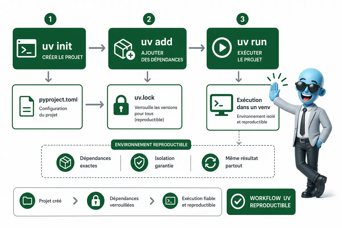 Workflow uv montrant les étapes uv init, uv add et uv run avec pyproject.toml, uv.lock et .venv