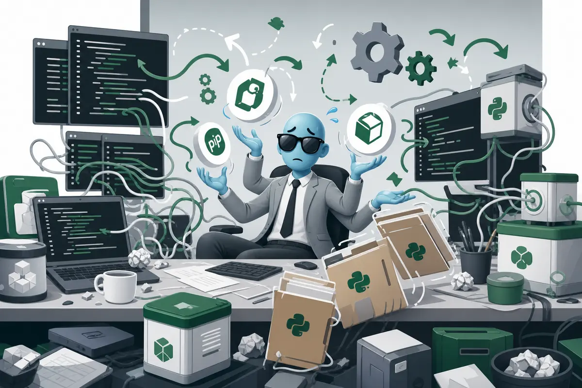 Développeur Python jonglant avec pip, venv, Poetry et plusieurs fichiers de dépendances